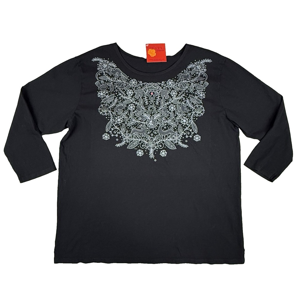 Sabaku Artwear Forest Animals Shirt Women XL Black Nancy Lenches 3/4 Sleeve NWT